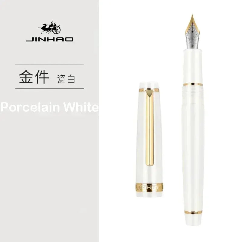 Jinhao porcelain white fountain pen with gold trim and nib, cap separated.