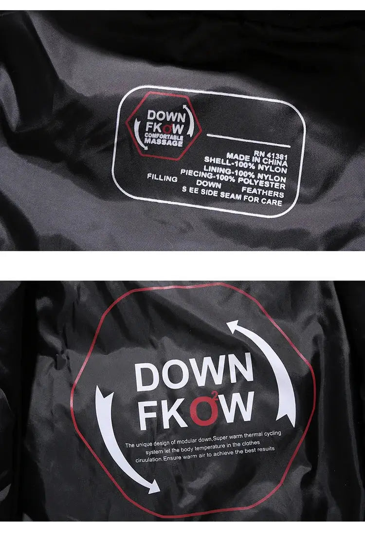 Men's black duck-down jacket with FKOW logo on interior label