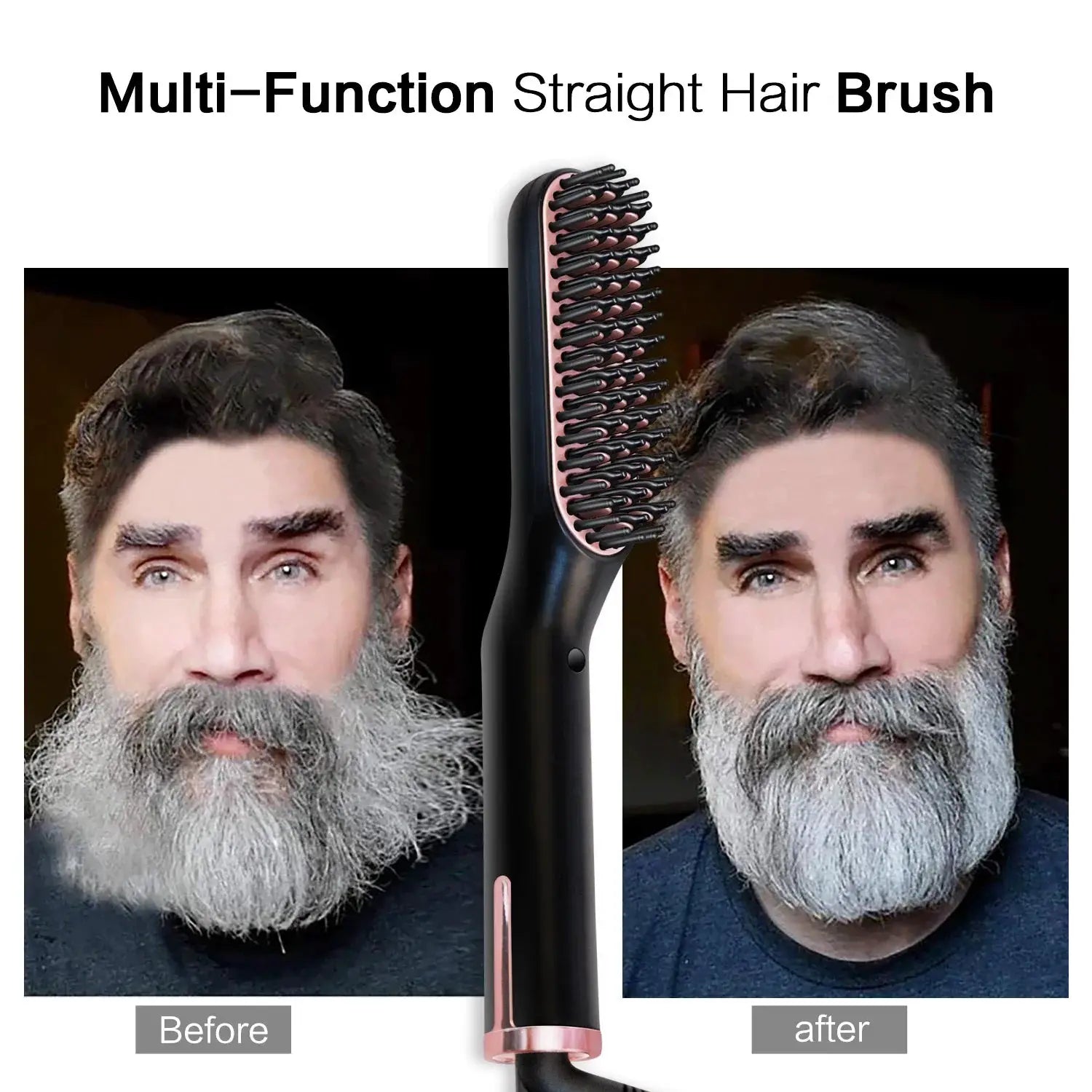 Simples Market men's electric beard straightener brush, black with rose-gold accents