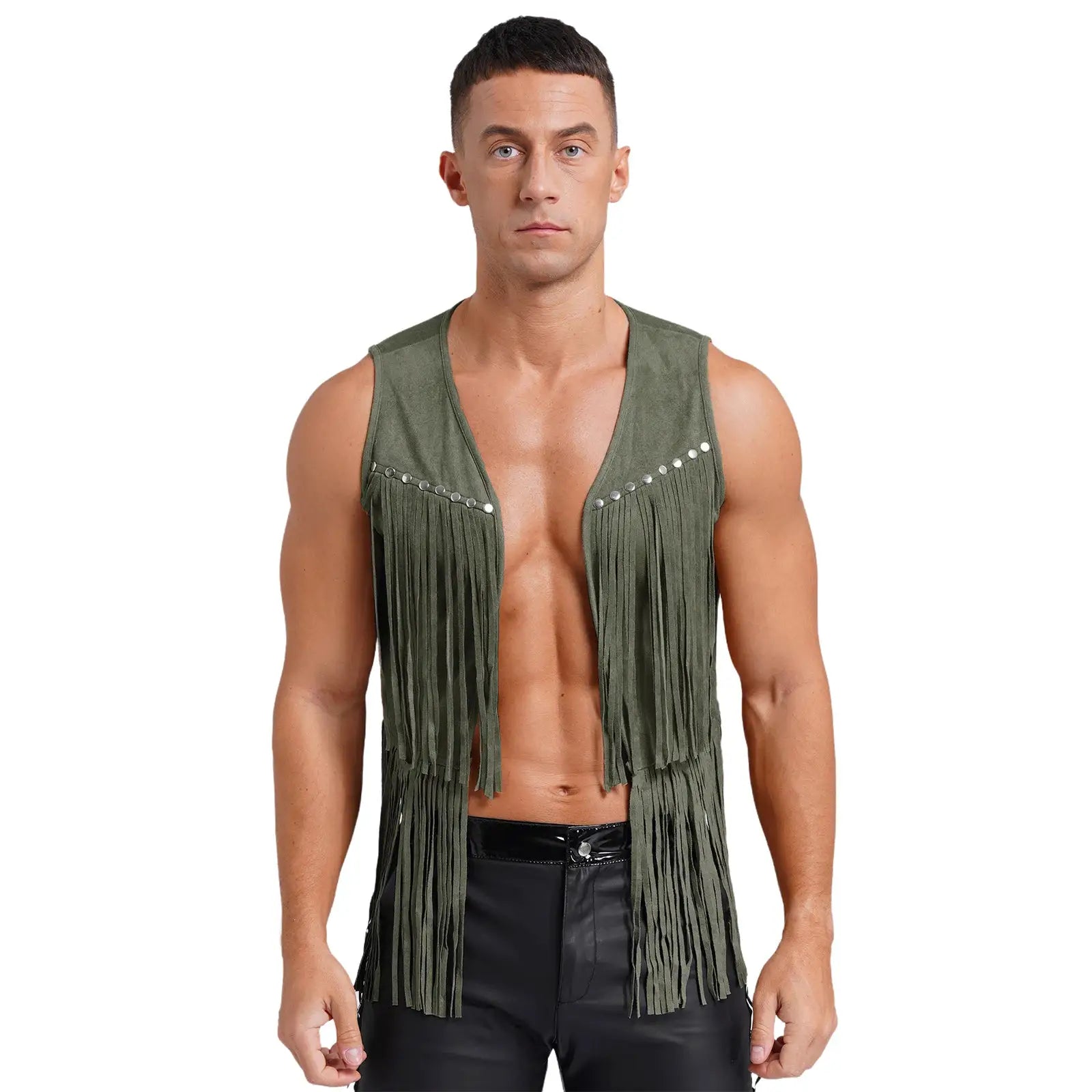 Simples Market men's faux suede tassel vest in olive green with fringe and rivet accents, open front waistcoat