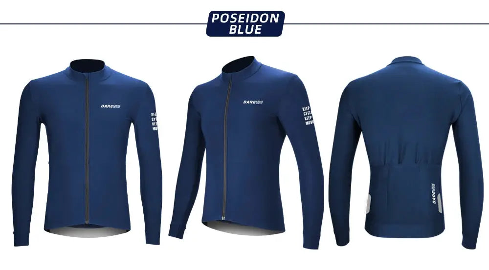 DAREVIE men's cycling jersey, Poseidon blue, long-sleeve thermal fleece, breathable