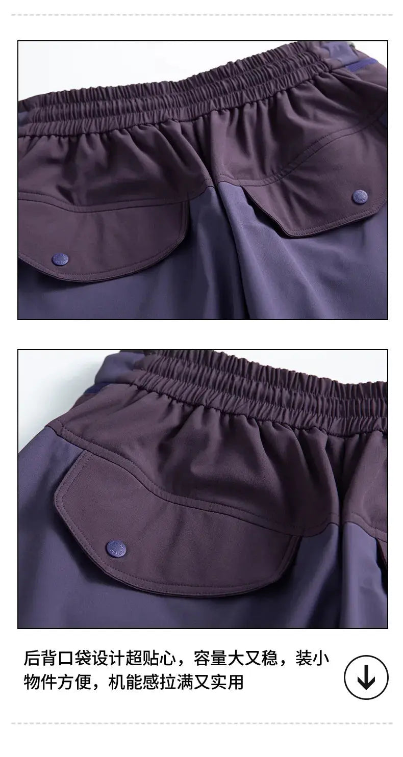 Cargo track pants by Simples Market with purple panels and back flap pockets