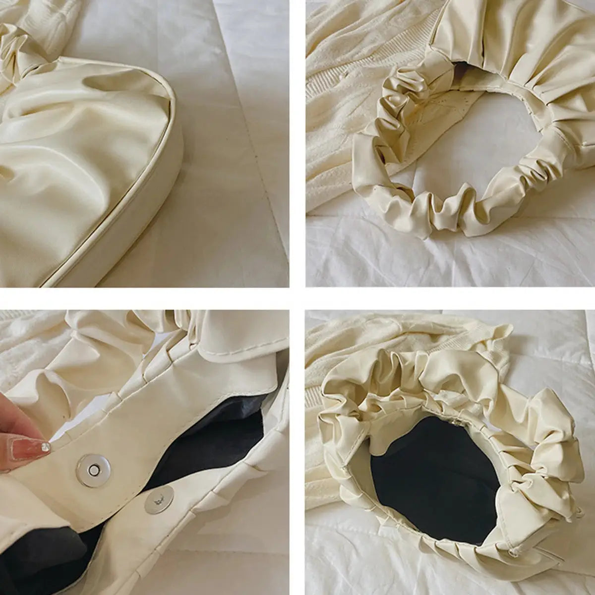Cream PU pleated handbag with ruched shoulder handle; dumpling-style bag