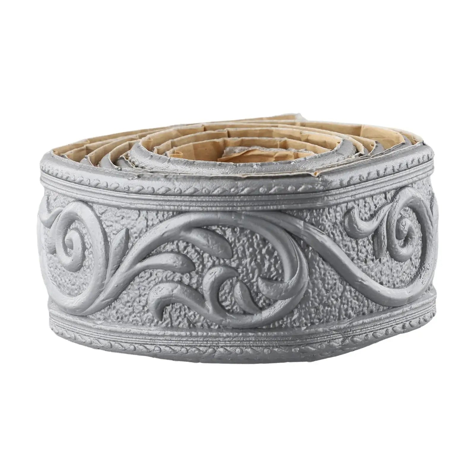 Grey 3D wall trim border roll with ornate scroll pattern; self-adhesive waterproof baseboard for living room