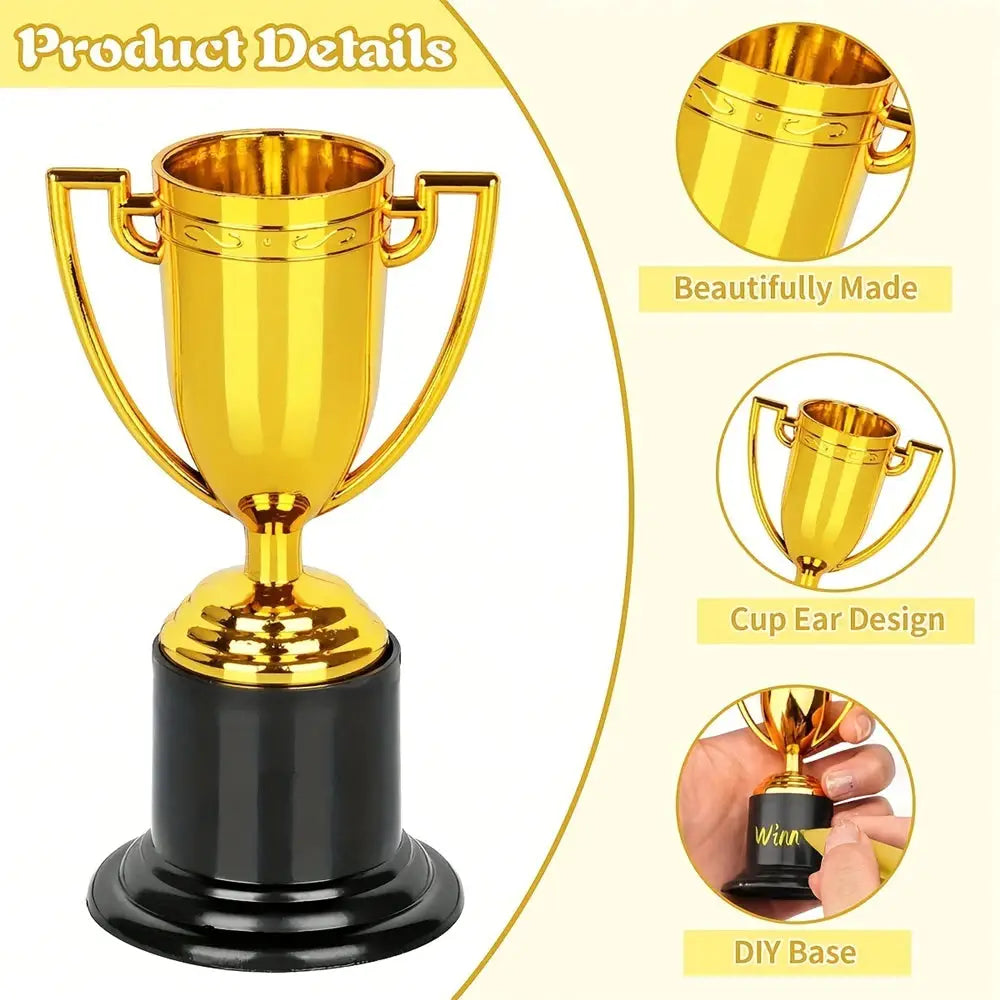 Plastic gold trophy prize with black pedestal base, ideal for kids' parties and rewards.