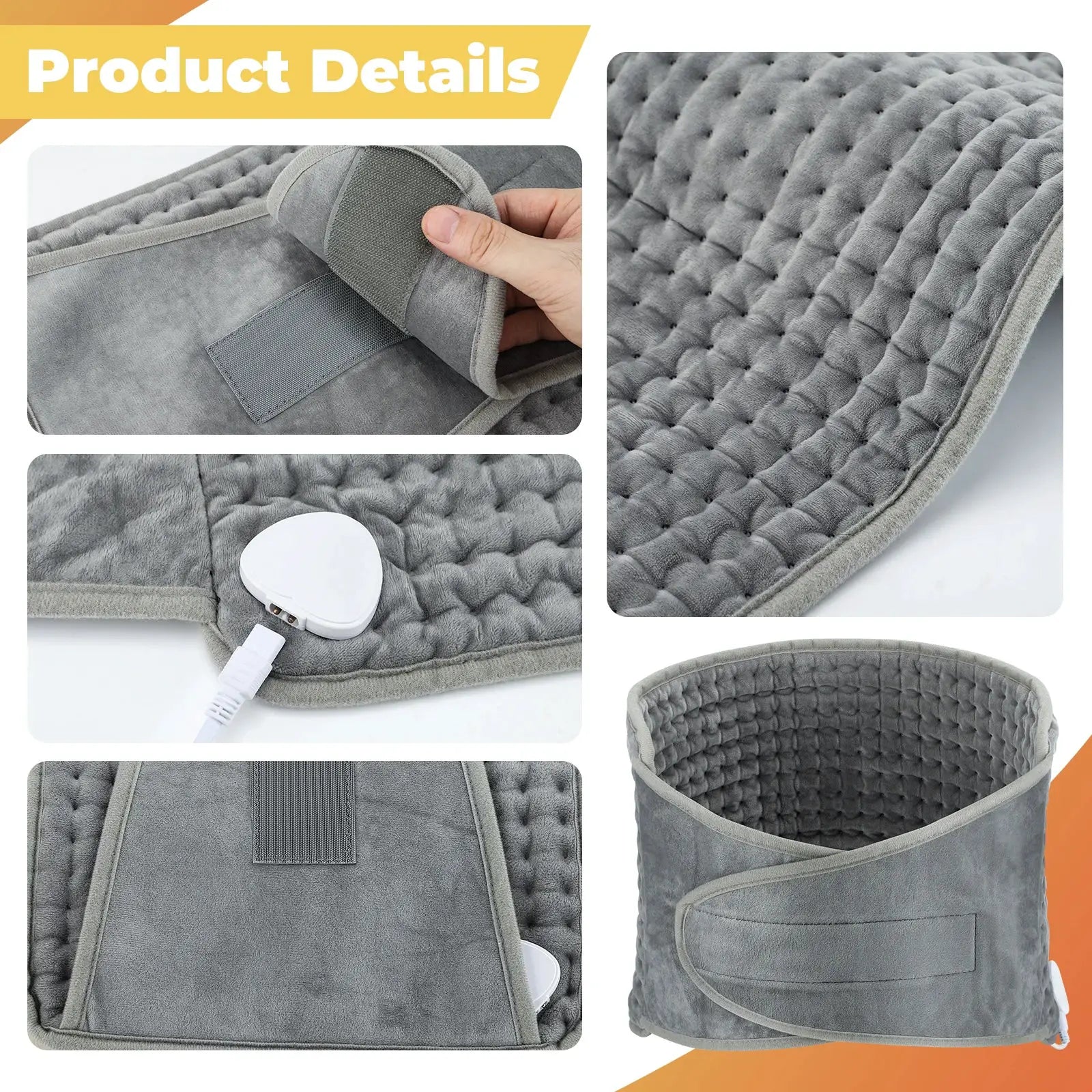 Back heating support belt in gray quilted fabric with Velcro strap and adjustable temperature from Simples Market