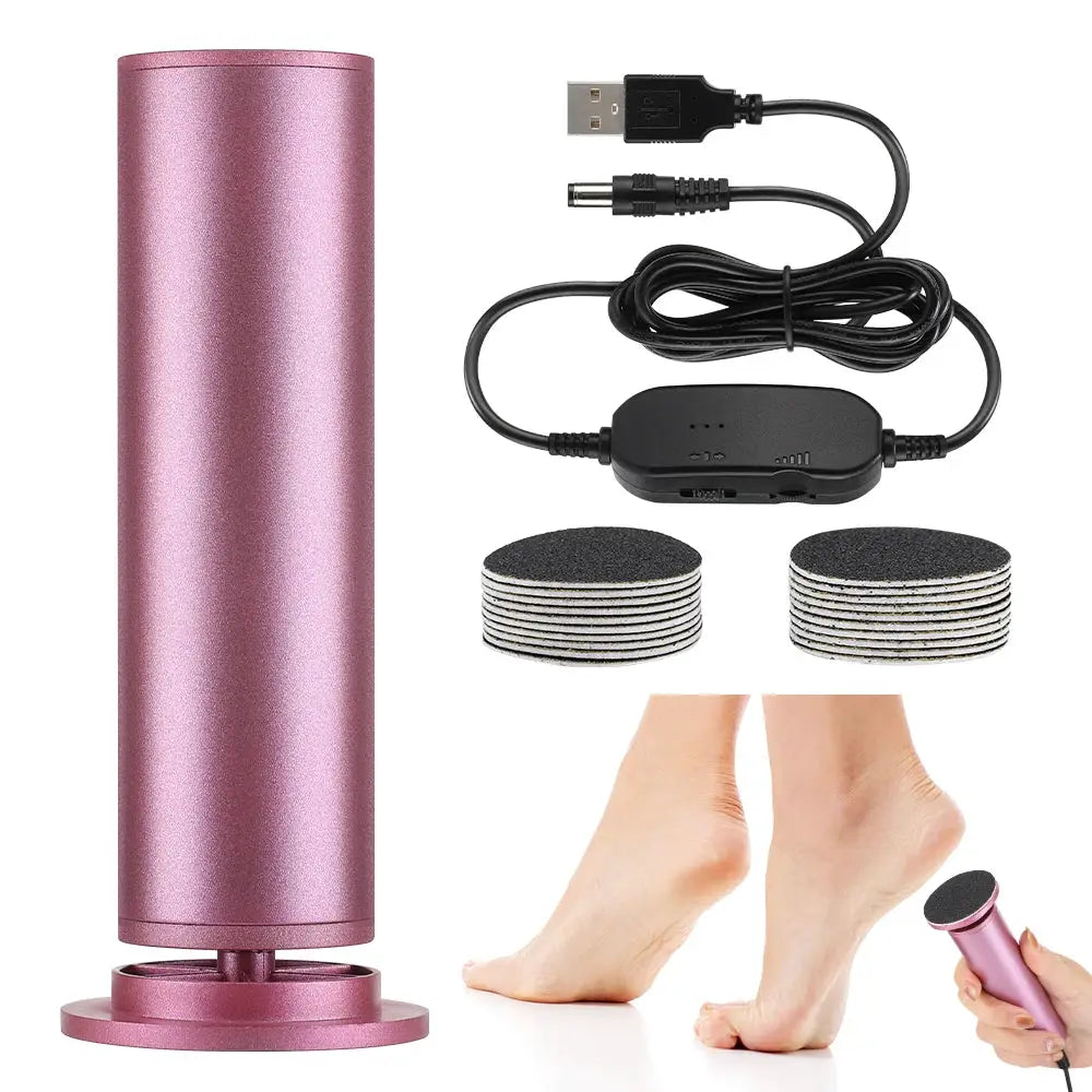 Simples Market pink electric foot callus remover with USB charger and two packs of replacement sandpaper discs.