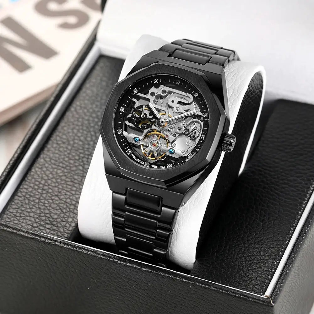 Forsining skeleton automatic men's watch with black stainless steel band and luminous hands