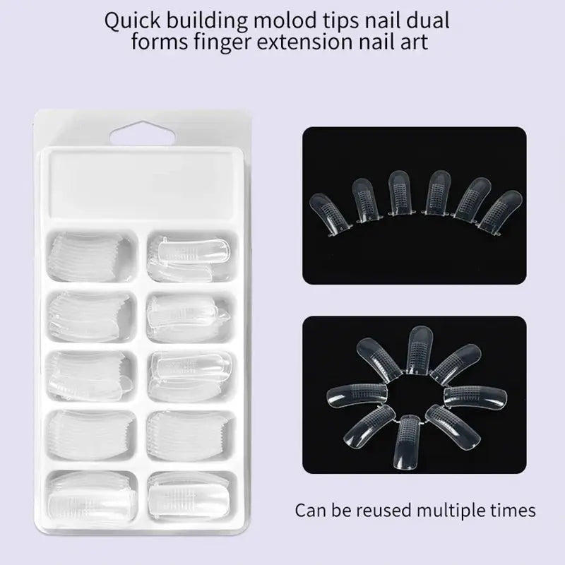Nail extension gel set with clear nail forms in a white tray and curved reusable tips displayed on black background