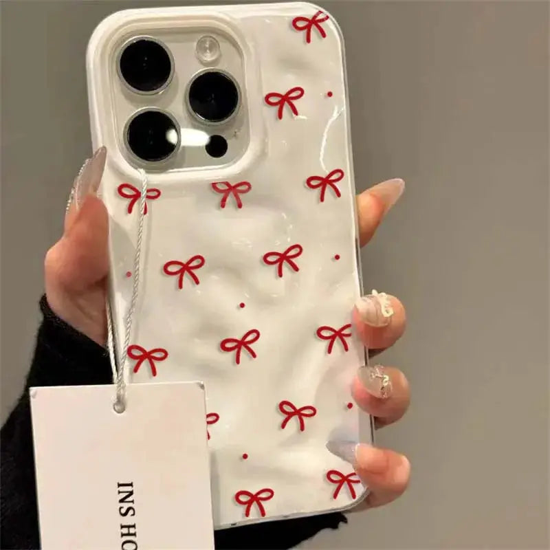 Red Bow Dots Folds Texture Case For iPhone 11 To 16 Pro Max Plus Shockproof Soft TPU Cover