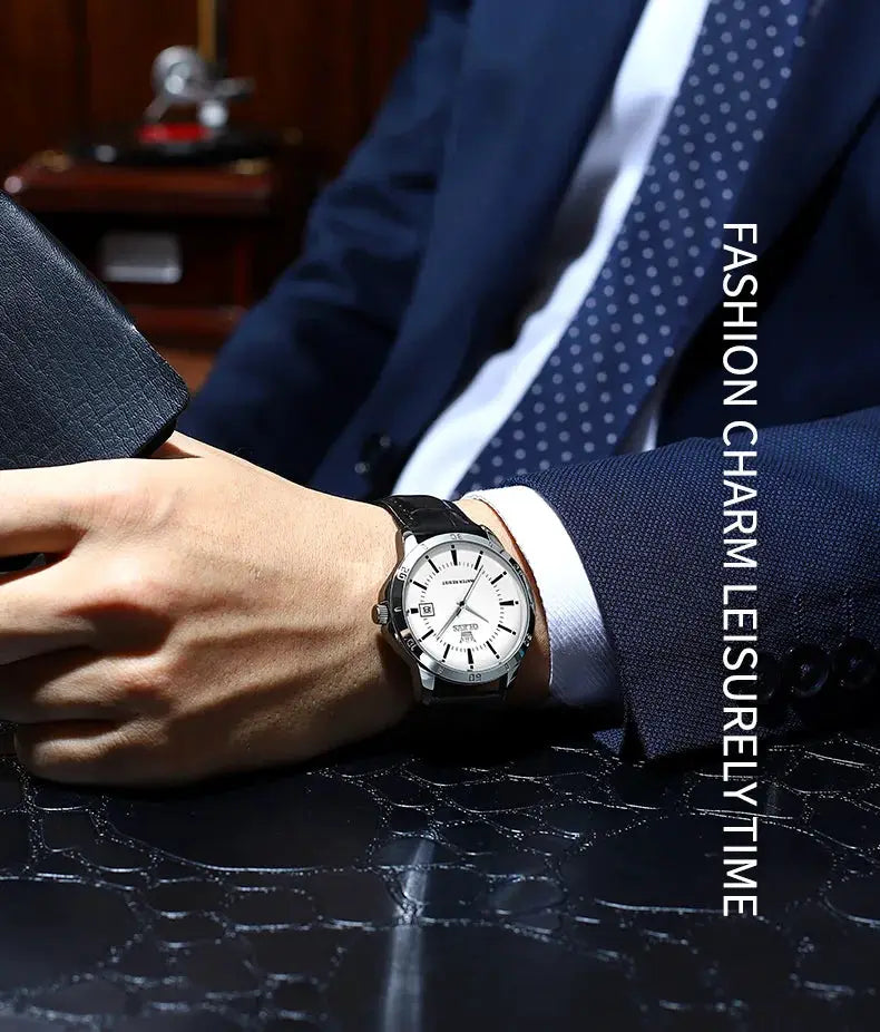 OLEVS men's dress watch with black leather strap, white dial, waterproof quartz