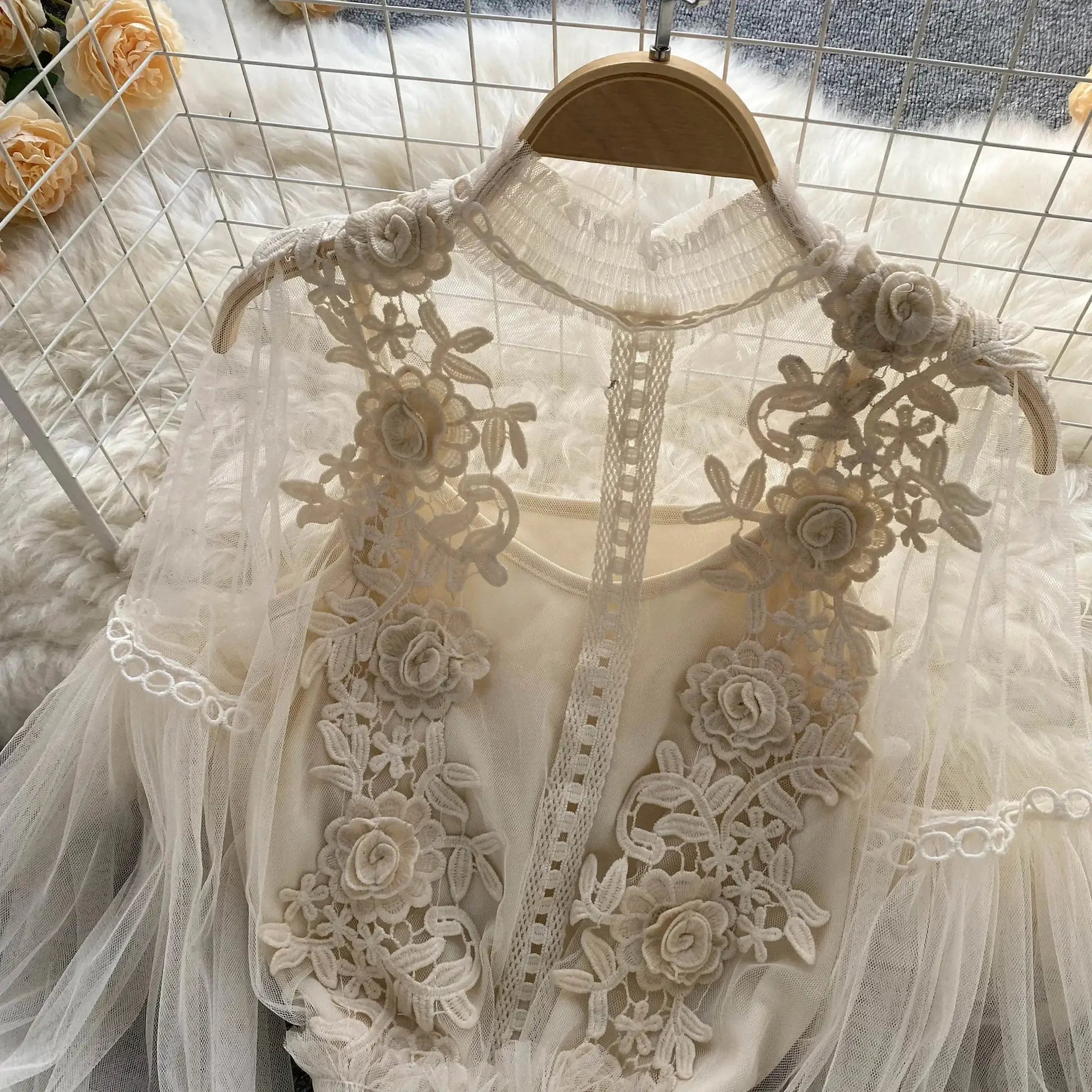 Lace puff long sleeve blouse in ivory with floral embroidery and sheer lace panels