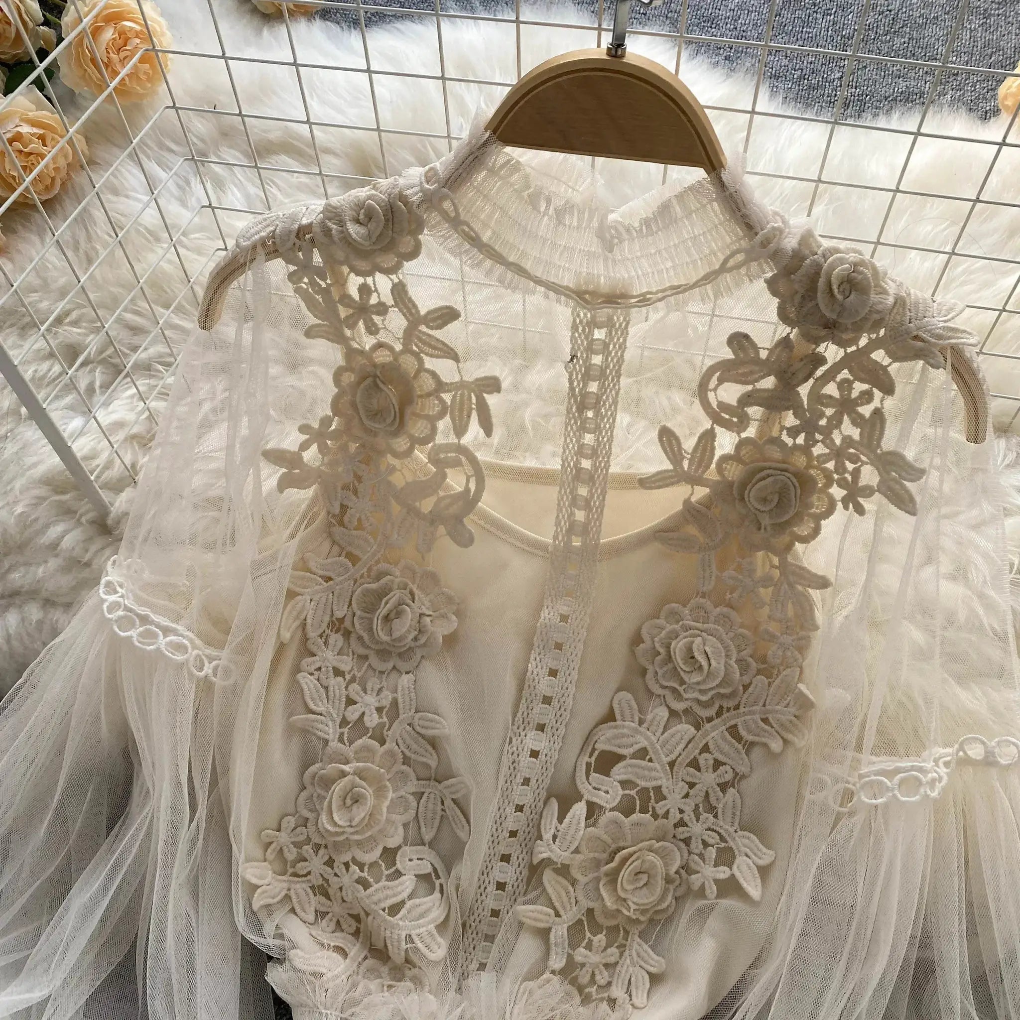Lace puff long sleeve blouse in ivory with floral embroidery and sheer lace panels