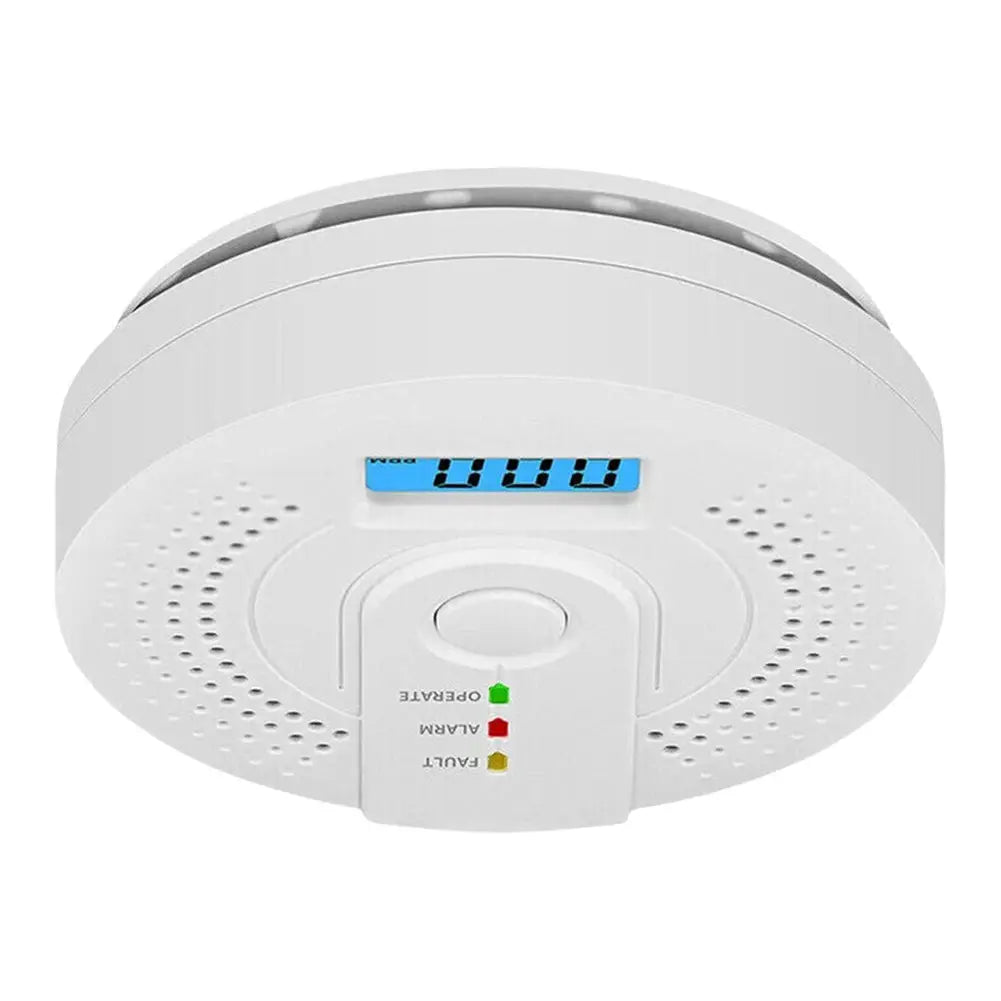 Digital carbon monoxide detector, white circular home alarm with blue digital readout and multicolor status LEDs for home safety