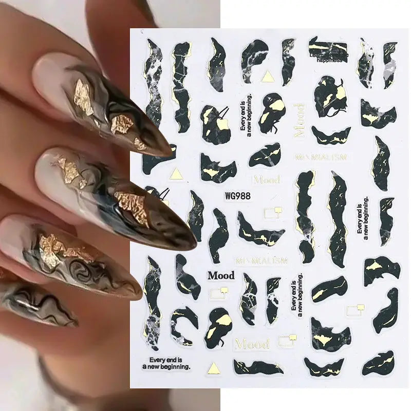1pc nail art decals sheet by Simples Market; bronze-gold foil on black marbled geometric patterns.