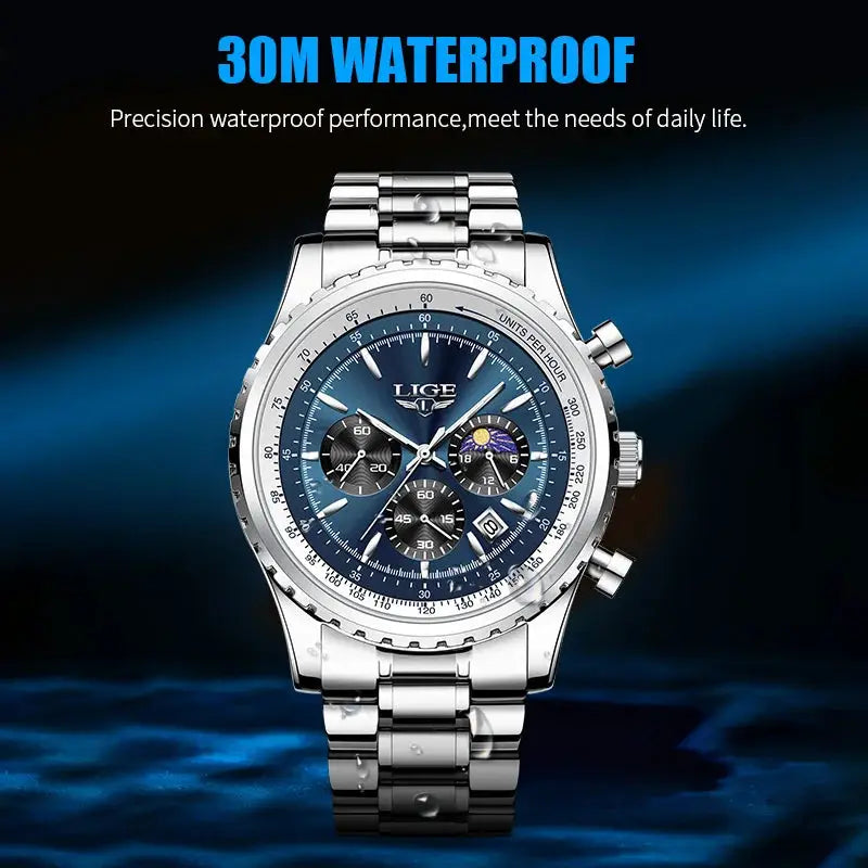 LIGE men's stainless steel chronograph wristwatch with blue dial, date display, 30m waterproof.