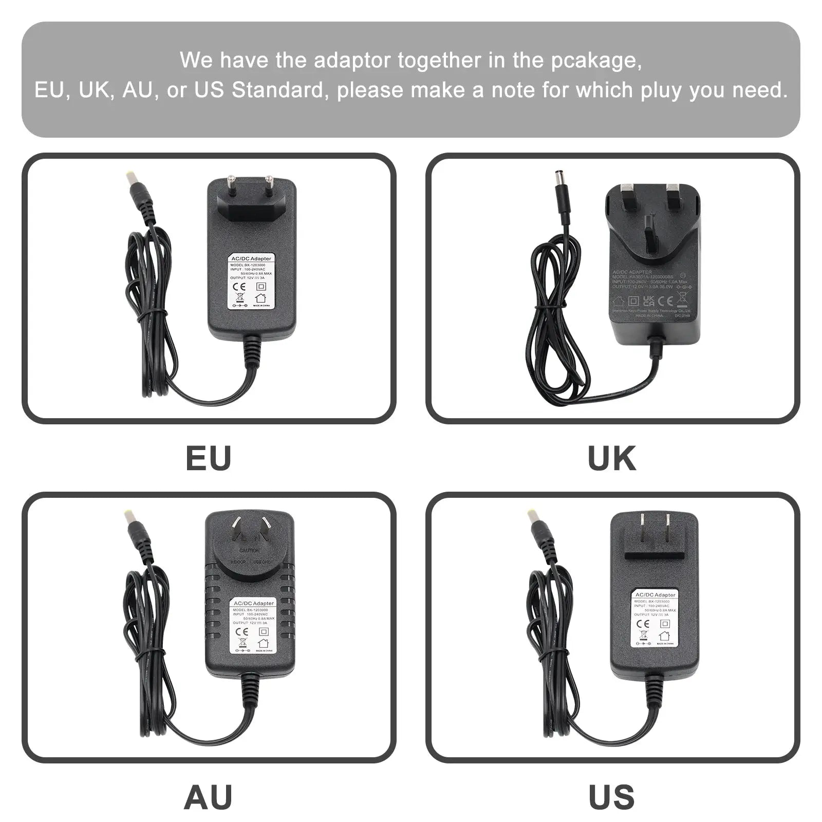 AC adapters with EU/UK/AU/US plugs and cords, four regional power adapters shown in labeled panels.