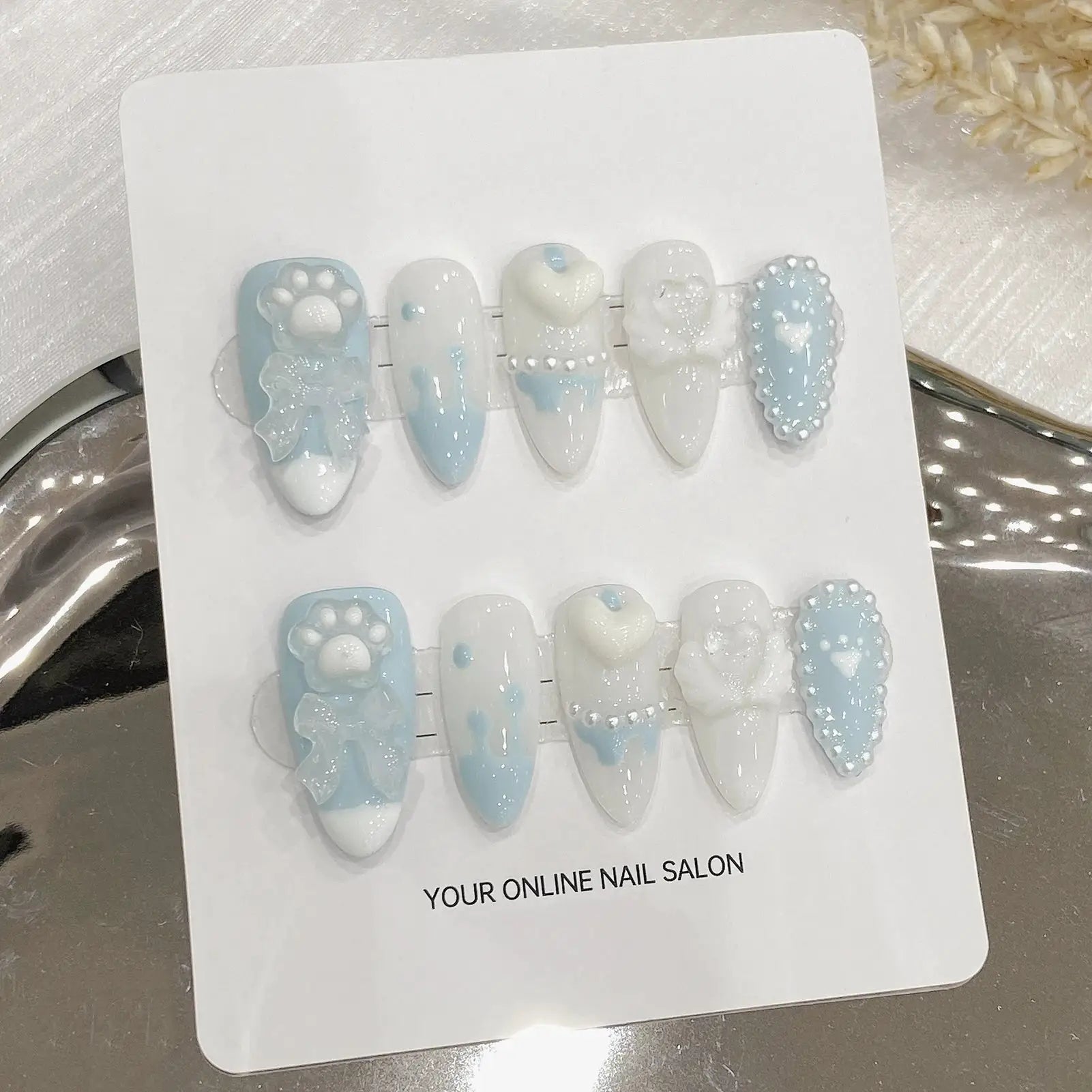BearPaw Studio Handmade Press On Nails With Bear Paw Design Light Blue Almond Shaped Korean Inspired Aesthetic ABS