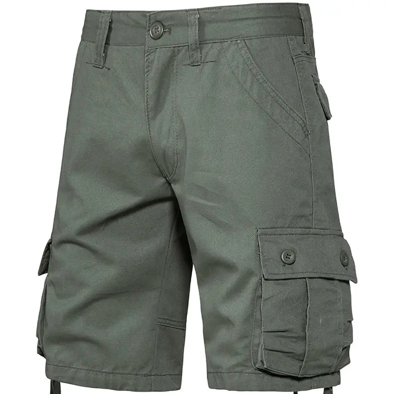 Men's olive green cargo shorts with side pockets and large button-flap cargo pocket, cotton