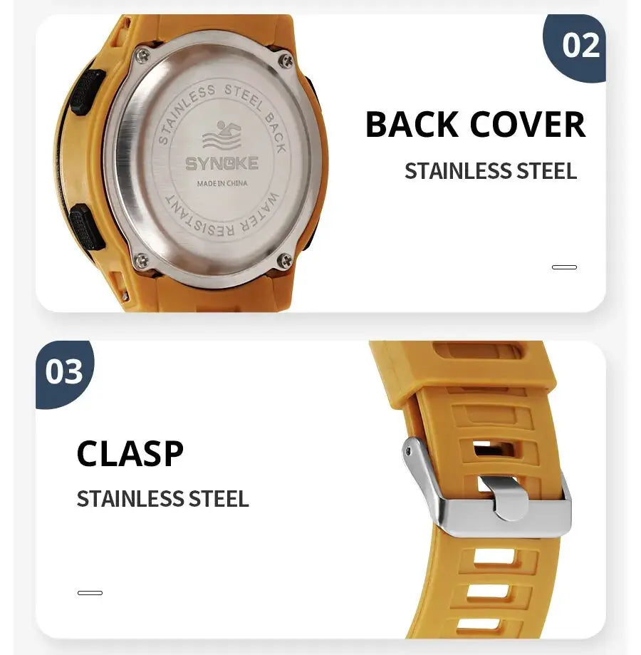 SYNOKE men's digital sport watch with yellow silicone strap and stainless steel back and clasp