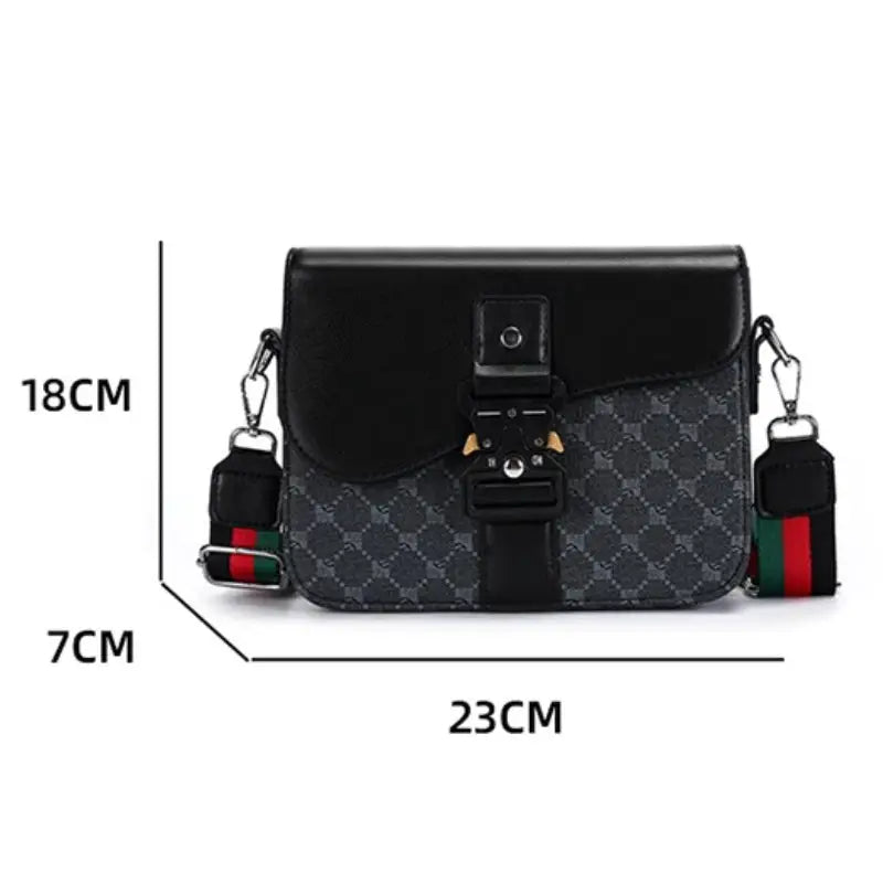 Simples Market crossbody bag with black top flap and gray jacquard body, metal buckle, adjustable strap