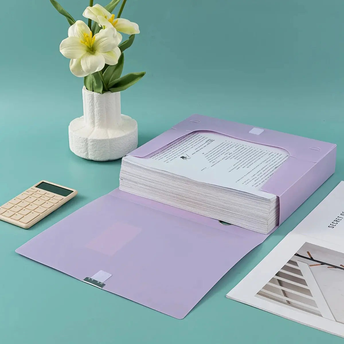 Large-capacity foldable plastic file box in purple by Simples Market, A4 file organizer.