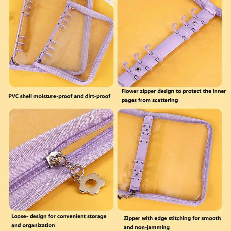 A5 transparent purple binder by Simples Market, with PVC shell, zipper closure, and flower zipper pull.