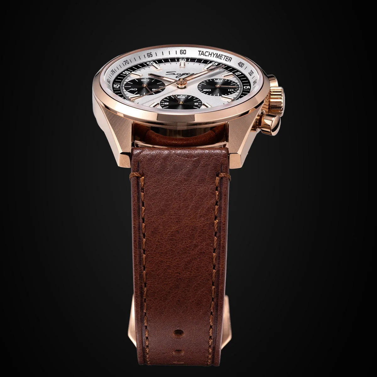 Sugess men's 38mm chronograph watch with rose-gold case, brown leather strap, sapphire crystal and roulette dial