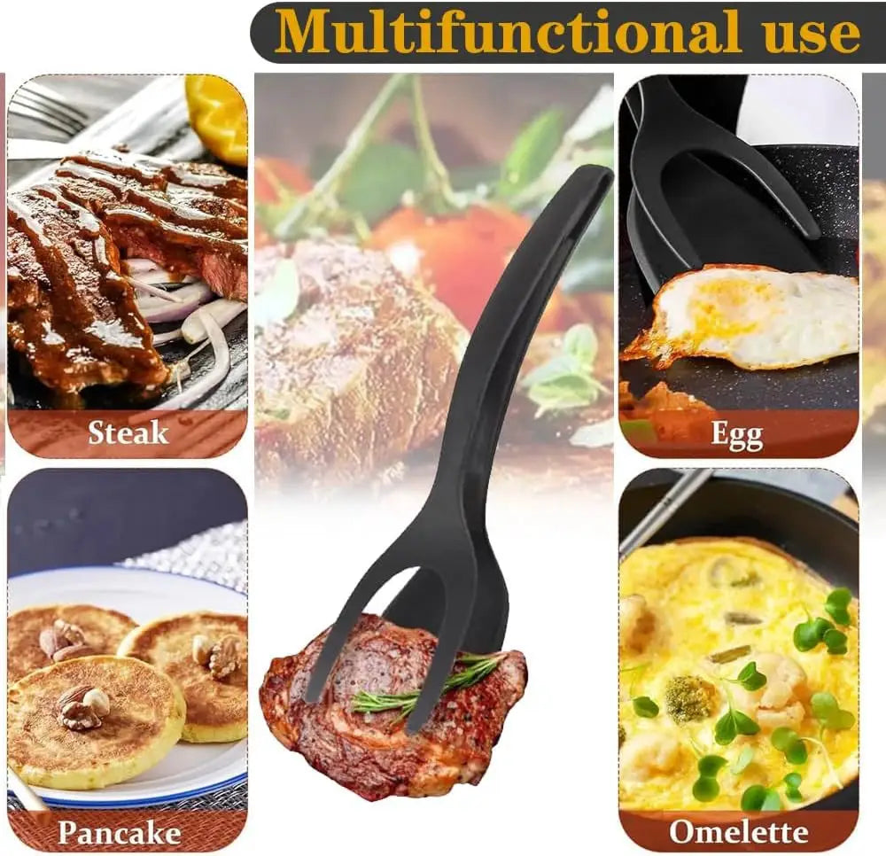 2 In 1 Grip Flip Spatula Tongs Egg Flipper Nylon Nonstick Coating For Pancakes Fish French Toast Omelets