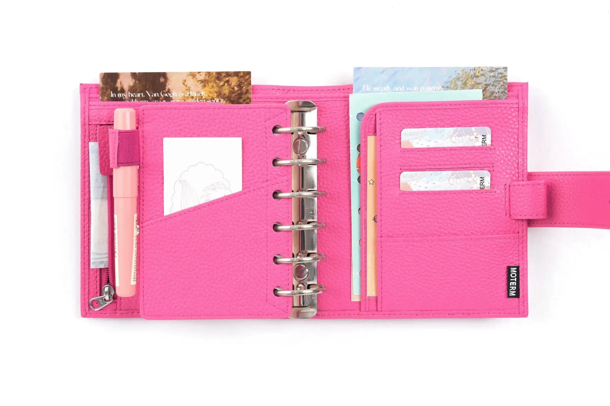 Moterm Luxe 2.0 pocket planner in pink pebble-grain leather with 30mm ring binder and card slots