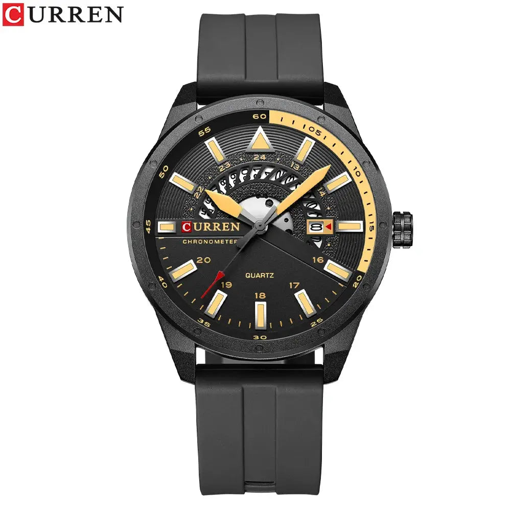 Curren men's watch with black silicone strap, skeleton dial, gold-tone hands, and date display