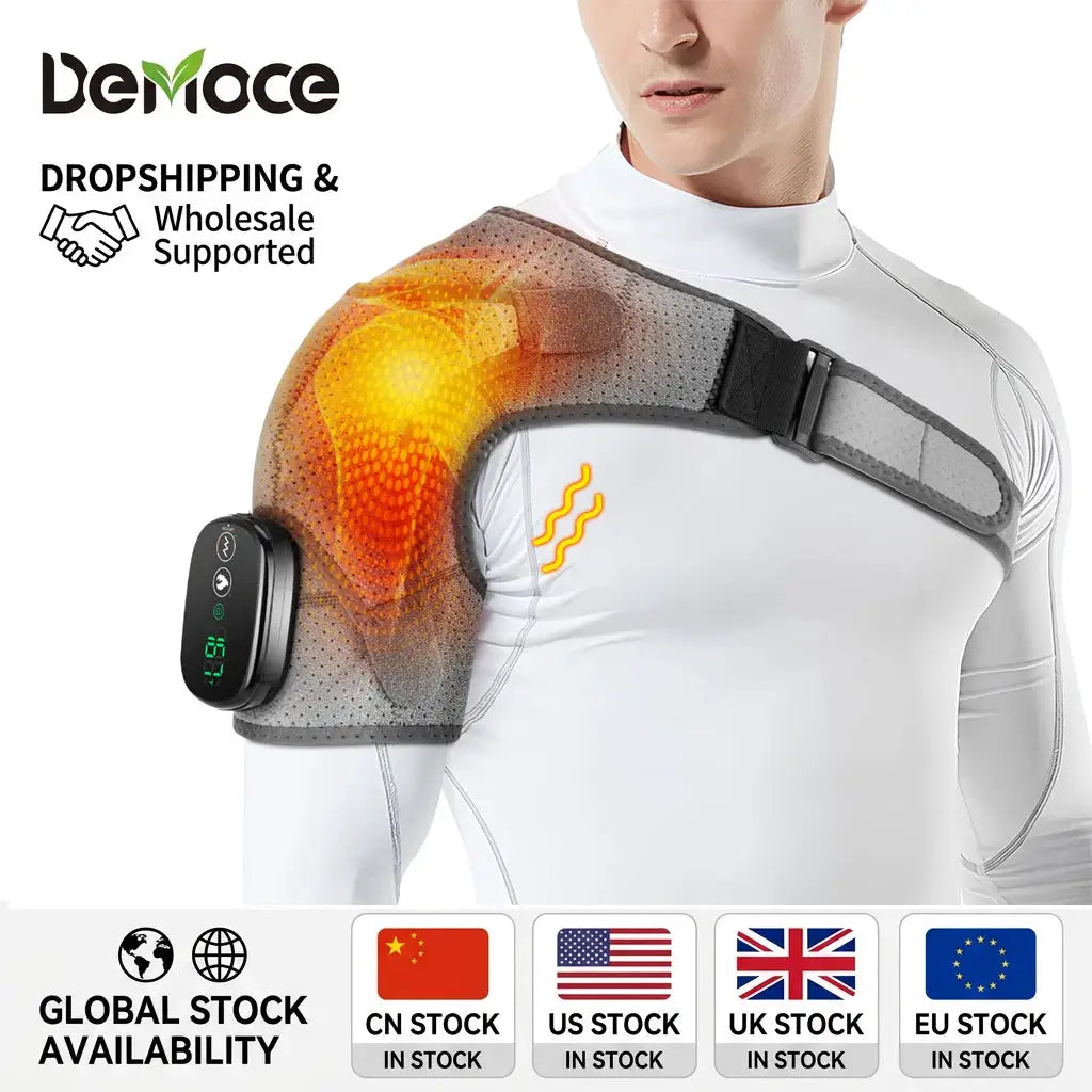 Simples Market electric heated shoulder brace wrap with adjustable strap and control unit, gray and black.