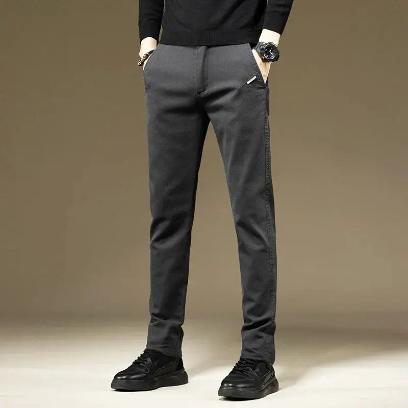 KUBRO men's casual cotton straight-leg pants in solid black-gray for business and everyday wear