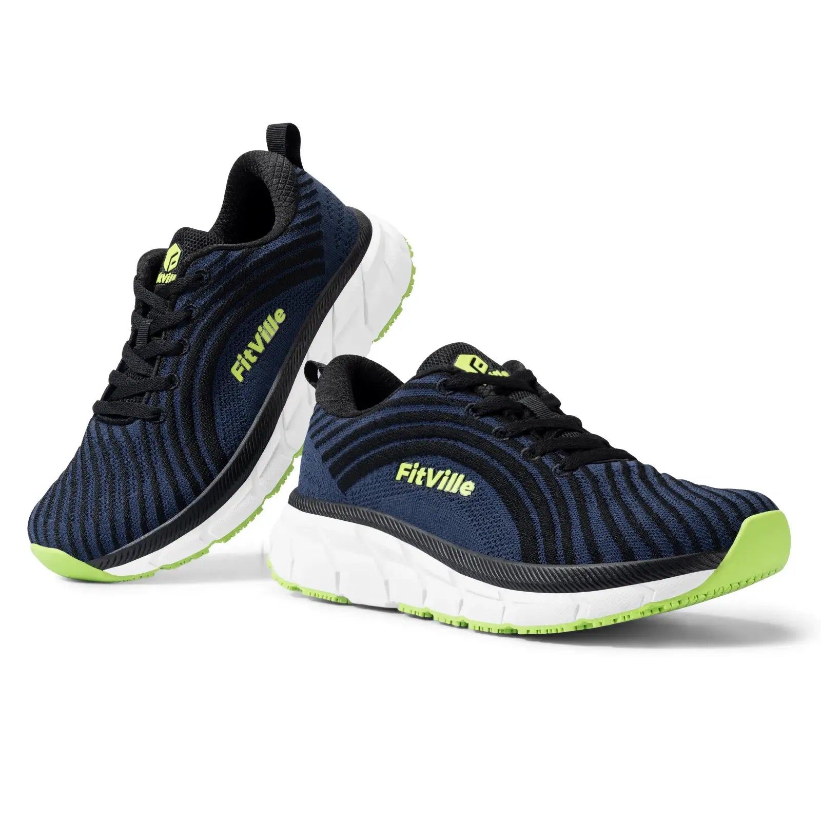 FitVille wide-toe-box men’s running shoes, navy knit with neon lime accents, pair