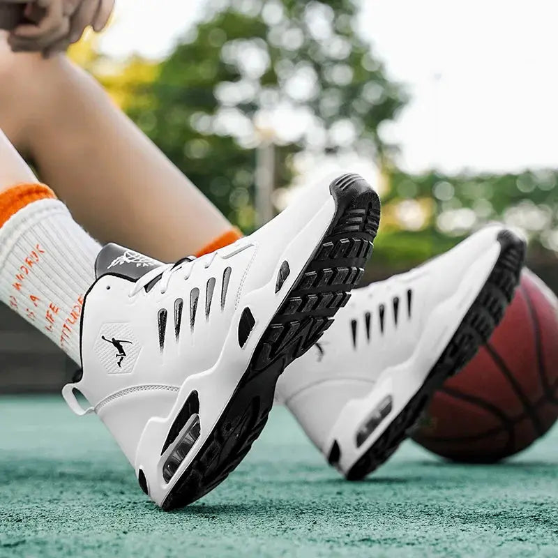 Men's high-top basketball shoes in white with black outsole, visible cushioning, and breathable mesh panels.