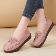 StrideWell Autumn Leather Slip On Flats For Women Comfortable Round Toe Low Heel Travel Work Everyday