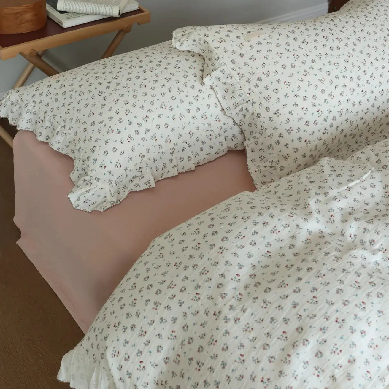 INS Princess 3pc floral gauze bedding set with ruffle-edge duvet cover and pillowcases
