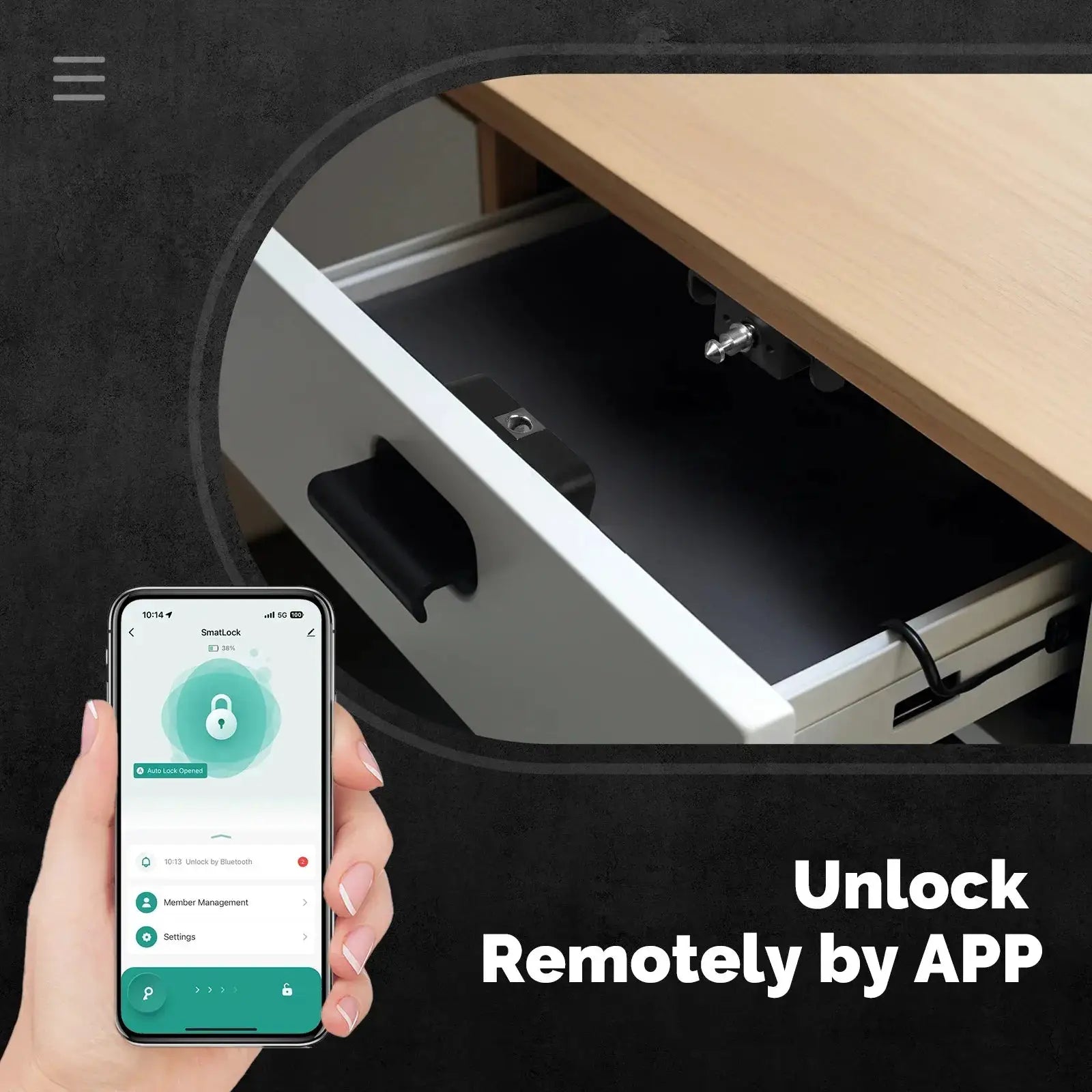 MOES Smart Bluetooth Drawer Lock by Simples Market installed in a wood drawer; Tuya app remote control, Bluetooth keyless security.