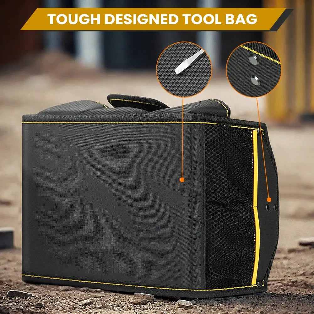 WINHUNT Tote Bag, black 10-pocket tool bag with yellow trim and mesh side pockets, Simples Market.
