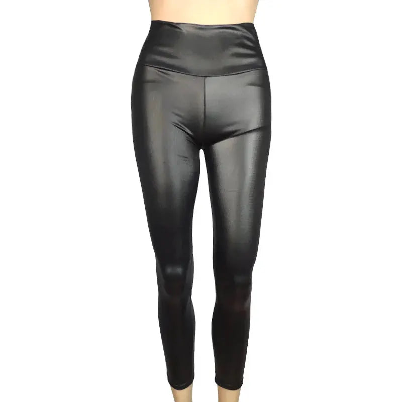 High-Waist faux leather pants in black with high elasticity for four-season yoga and casual wear.