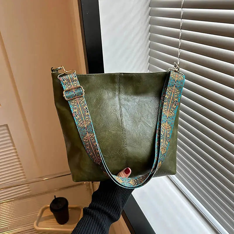 Nova Geometric Strap Shoulder Bag Wide Crossbody Large Capacity Retro PU Leather
