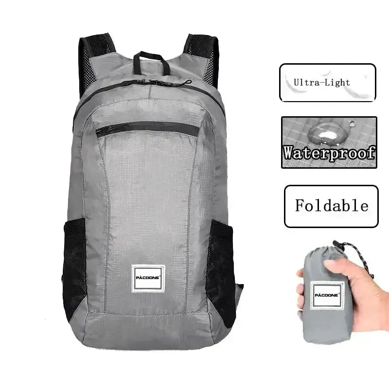 Ultralight Foldable 20L Hiking Backpack in gray with waterproof feature and compact pouch for easy carrying.