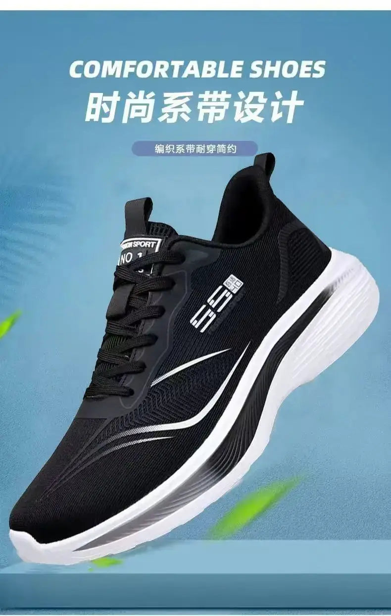 Breathable mesh men's sneakers by Simples Market, black with white sole, lightweight casual running shoes.
