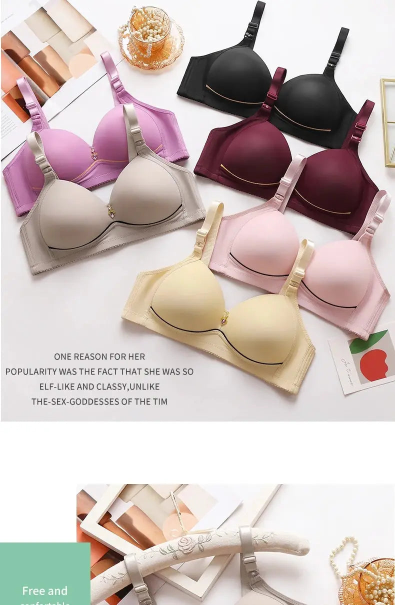 Six glossy, non-underwire bras in beige, pink, purple, black, burgundy, yellow; breathable, comfortable cups.