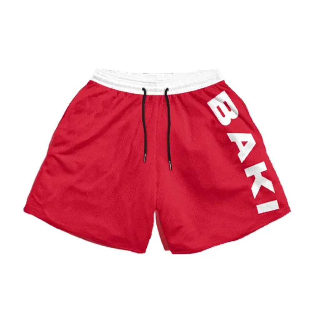 IPPO shorts; red mesh fabric, white waistband, black drawstrings, quick-dry breathable gym wear