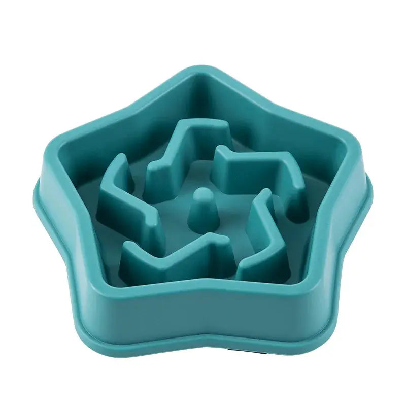 Pet star-shaped teal silicone slow-feed bowl with inner barriers for anti-choking