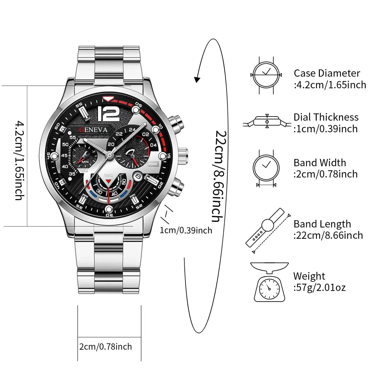 Geneva men's stainless steel bracelet analog quartz watch set, 2 pieces, without box