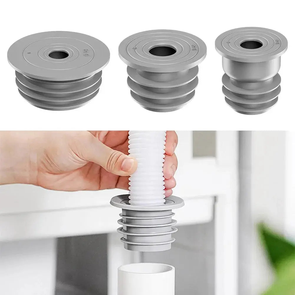 Simples Market 3-piece gray washing machine drain pipe seal set with ribbed seals.