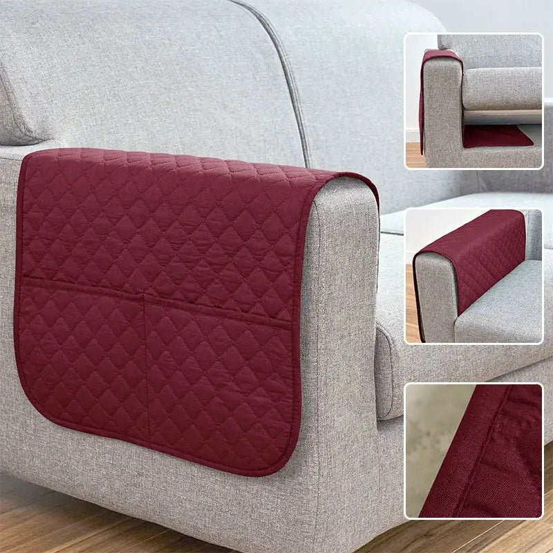 Sofa armrest cover by Simples Market, red quilted with pockets and hanging storage for remotes, water-repellent.