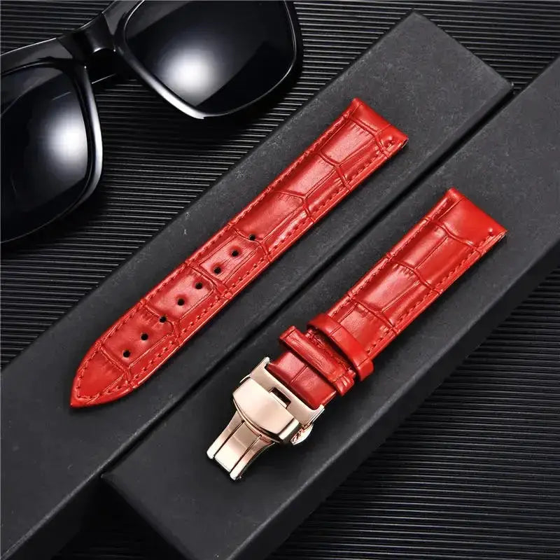 Remzeim Bamboo Pattern Genuine Leather Watch Strap First Layer Cowhide With Steel Butterfly Buckle 18mm 20mm 22mm 24mm